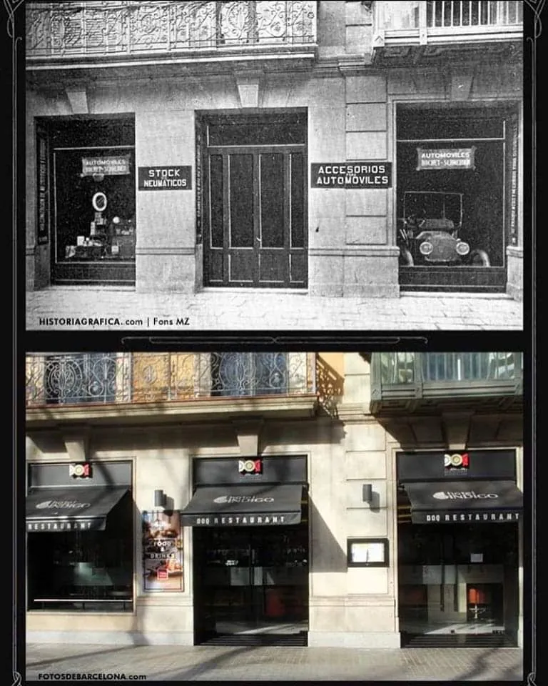Then and now of the Calle Cortes premises: above, shop windows with car signs; below, today's façade of the Hotel Indigo