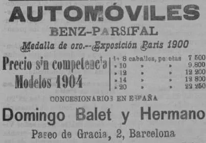 Anunci a La Almudaina (1903): Benz-Parsifal, medalla d'or a París 1900, Domingo Balet y Hermano, passeig de Gràcia, 2