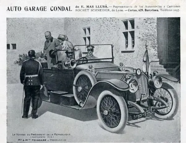 Advertisement for the Auto Garage Condal of E. Mas Lluná, Cortes 629: President Poincaré in an open Rochet-Schneider, 1913