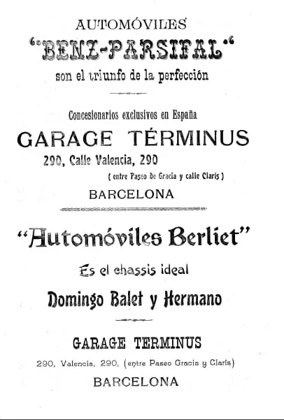 Anunci a Los Deportes (13/03/1904): Benz-Parsifal i Berliet, «el chassis ideal», Garage Términus, carrer de València 290