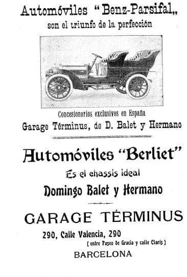 Anunci a Los Deportes (17/04/1904): Benz-Parsifal amb foto d'un cotxe i Berliet, Garage Términus de D. Balet y Hermano