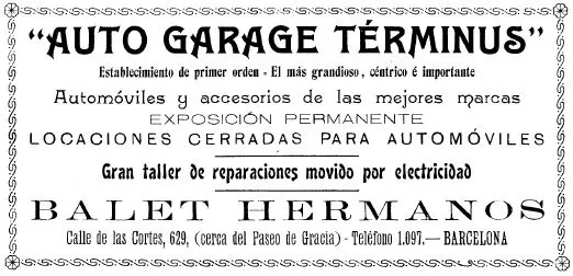 Anunci a Los Deportes (17/06/1905): «Auto Garage Términus», exposició permanent i boxes tancats, Balet Hermanos