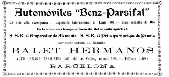 Anunci a Los Deportes (17/06/1905): Benz-Parsifal, gran medalla d'or a St. Louis 1904, Balet Hermanos, Corts 629