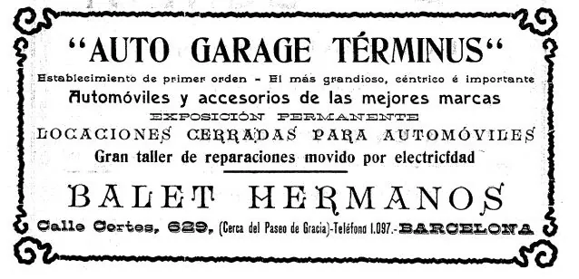 Anunci a Los Deportes (26/08/1905): Auto Garage Términus, taller de reparacions mogut per electricitat, Balet Hermanos