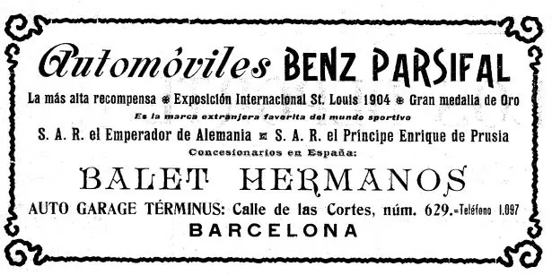 Anunci a Los Deportes (26/08/1905): Benz Parsifal, marca favorita del món esportiu, Auto Garage Términus, Corts 629