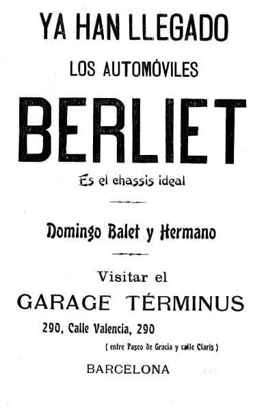 Anunci a Los Deportes (3/04/1904): «Ya han llegado los automóviles Berliet», Domingo Balet y Hermano, Garage Términus