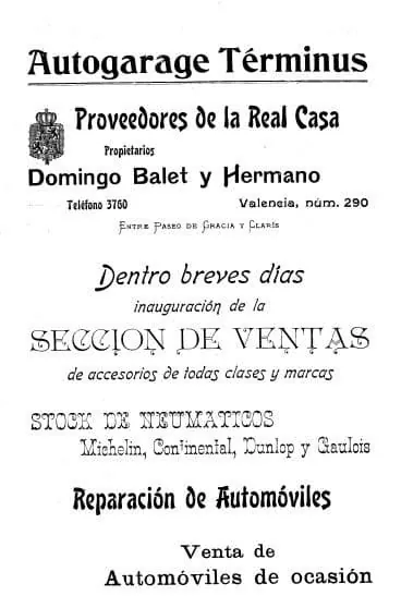 Anunci a Los Deportes (5/06/1904): Autogarage Términus, Proveedores de la Real Casa, secció de vendes i pneumàtics