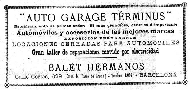 Anunci a Los Deportes (9/09/1905): Auto Garage Términus, automòbils i accessoris de les millors marques, Balet Hermanos