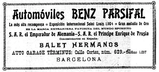 Anunci a Los Deportes (9/09/1905): Benz Parsifal, gran medalla d'or a Saint Louis 1904, Balet Hermanos, carrer de les Corts 629