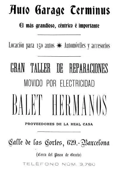 Anunci a Los Deportes (abril de 1905): Auto Garage Terminus de Balet Hermanos, gran taller de reparacions, Corts 629