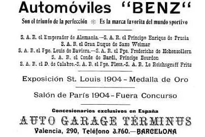 Anunci a Los Deportes (abril de 1905): automòbils Benz, medalla d'or a St. Louis 1904, Auto Garage Términus, València