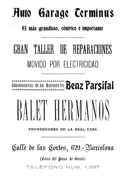 Anunci a Los Deportes (maig de 1905): Balet Hermanos, concessionaris de Benz Parsifal i Proveedores de la Real Casa