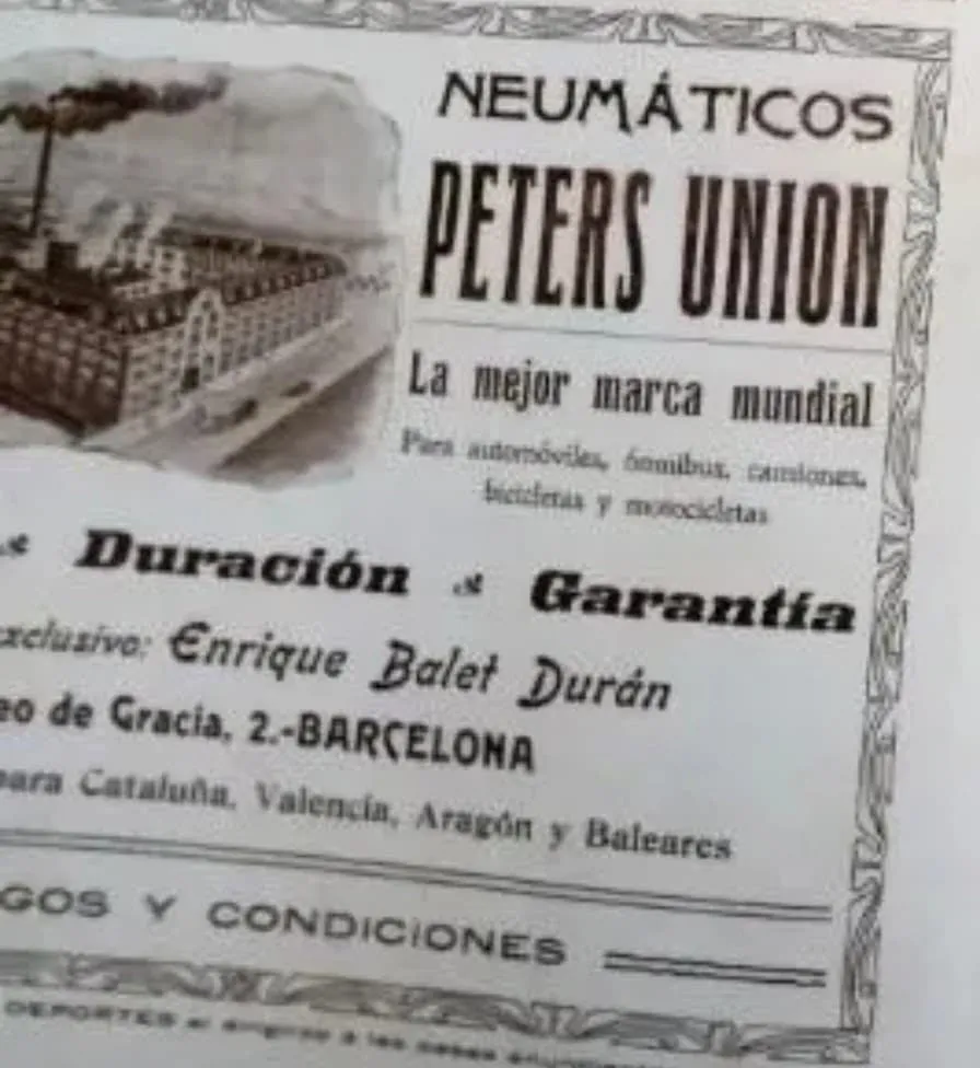 Anunci a Los Deportes (maig de 1909) dels pneumàtics Peters Union, amb Enrique Balet Durán, passeig de Gràcia 2, Barcelona