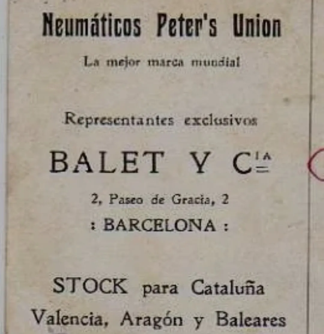 Advertisement “Neumáticos Peter's Union, representantes exclusivos Balet y C.ía, Paseo de Gracia 2, Barcelona” (sole agents, stock for Catalonia, Valencia, Aragon and the Balearics)