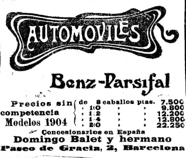 Anunci a El Noticiero Universal (1903): Benz-Parsifal models 1904 amb preus, Domingo Balet y Hermano, passeig de Gràcia, 2