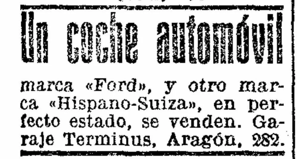Anunci per paraules a La Vanguardia (1912): es venen un cotxe Ford i un altre Hispano-Suiza al Garaje Terminus, Aragó 282