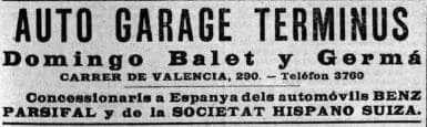 Anunci a La Veu de Catalunya (gener de 1905): Auto Garage Terminus, concessionaris de Benz i de la Societat Hispano Suiza