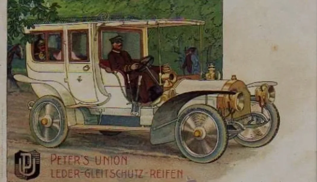 Illustrated Peter's Union poster with a chauffeur in an early 20th-century closed car