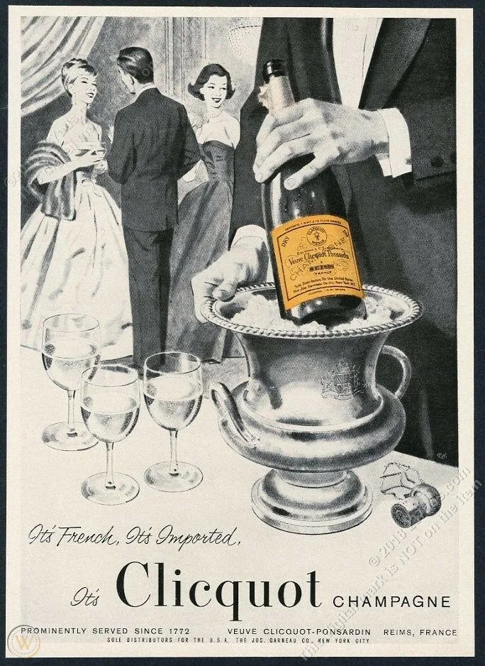 Old Veuve Clicquot champagne poster with a bottle in an ice bucket and glasses, illustrating the garage party