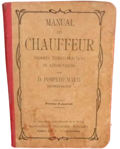 Red cover of the book “Manual del Chauffeur” by D. Pompeyo Martí, with Auto Garage Términus advertisements