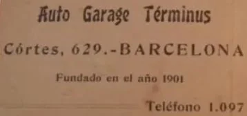 Enlarged detail of the advertisement: “Auto Garage Términus, Córtes 629, Barcelona. Fundado en el año 1901. Teléfono 1.097”