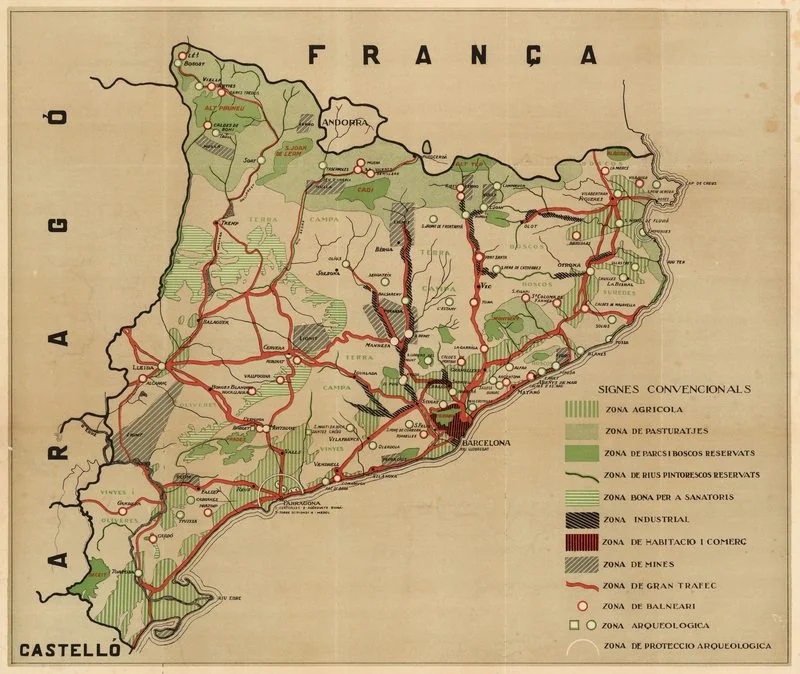 Old map of Catalonia with roads in red, illustrating the Berliet 24 HP trial from Barcelona to Puigcerdà