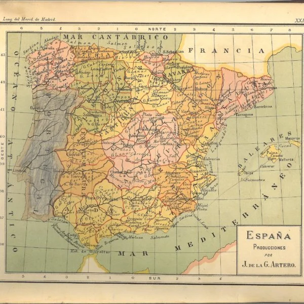 Old map of Spain by J. de la G. Artero, illustrating Enrique Balet's sales trip through the south