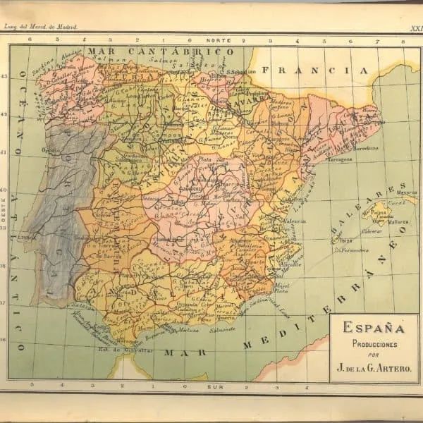 Mapa antic d'Espanya de produccions de J. de la G. Artero, per situar el recorregut de la cursa Barcelona-Madrid