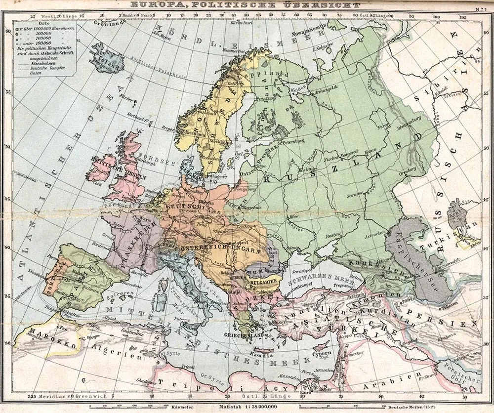 Old political map of Europe, illustrating the Balet brothers' buying trips to Germany