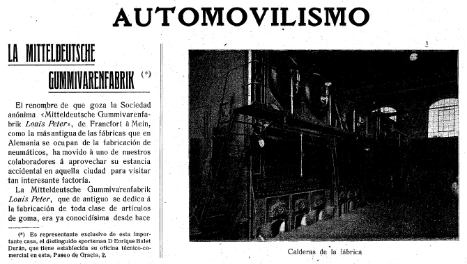 News item in the “Automovilismo” section about the German Mitteldeutsche Gummiwarenfabrik factory, with a photo of its boilers