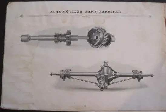 Página del catálogo Benz-Parsifal de 1903 con dibujos del eje de transmisión y el diferencial