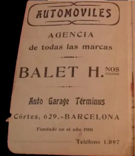 Pàgina del llibre Manual del Chauffeur: anunci de Balet H.nos, Auto Garage Términus, Corts 629, «Fundado en el año 1901»