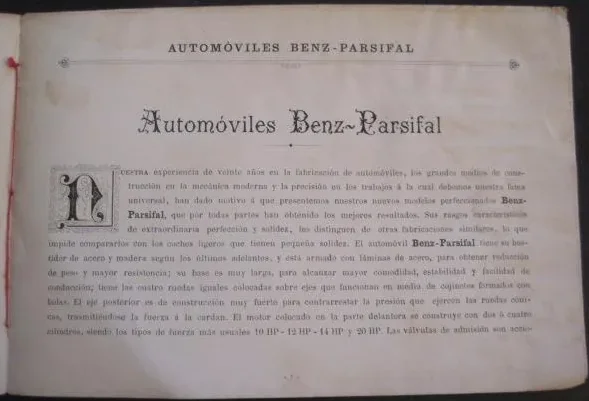 Página de presentación «Automóviles Benz-Parsifal» del catálogo de 1903
