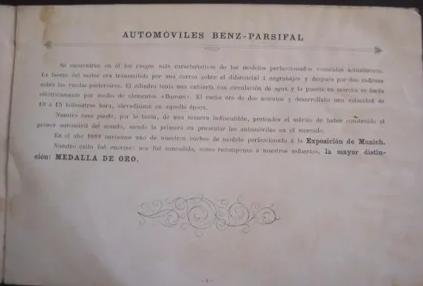 Página de texto del catálogo Benz-Parsifal de 1903 sobre la medalla de oro de la Exposición de París