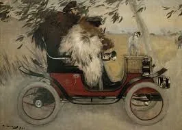 Pintura de Ramon Casas: una parella amb abrics de pell en un automòbil descapotable vermell de principis del segle XX