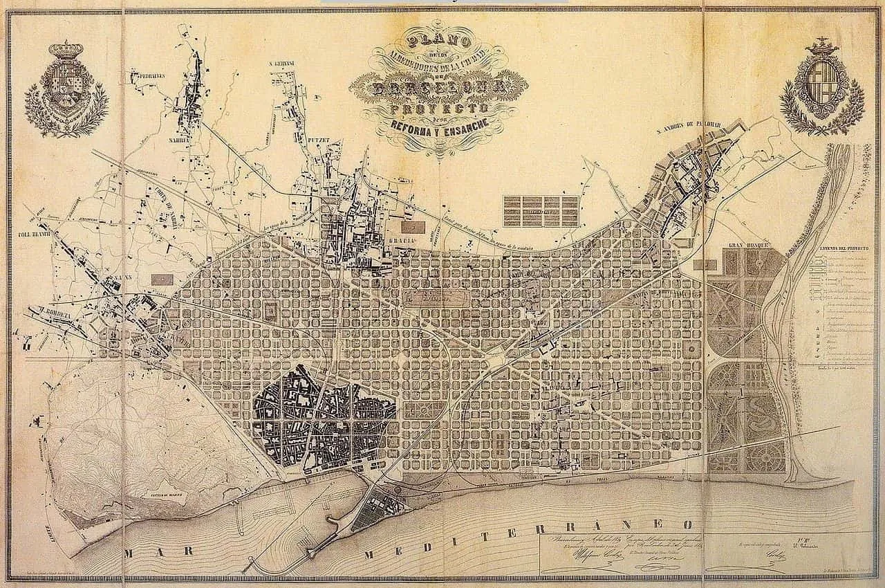 Old map of Barcelona and its surroundings with the reform and extension plan and the Eixample grid