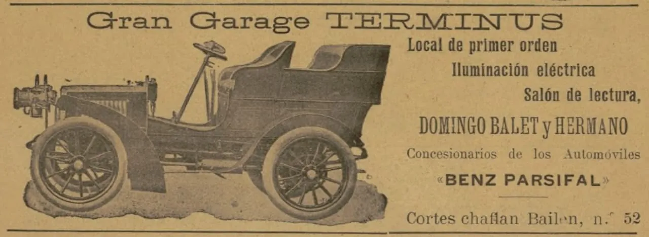 Portada d'El Automovilismo Ilustrado (1904): Gran Garage Terminus, Benz Parsifal, Corts xamfrà Bailèn 52, amb un cotxe