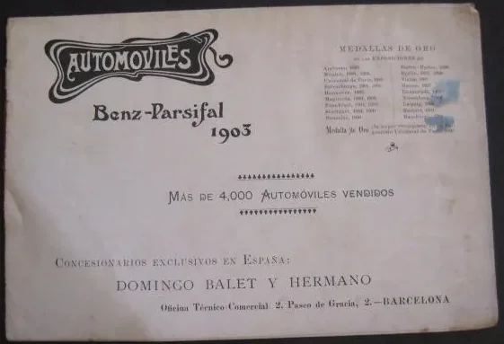 Portada del catálogo «Automóviles Benz-Parsifal 1903» de Domingo Balet y Hermano, concesionarios exclusivos en España, Paseo de Gracia 2