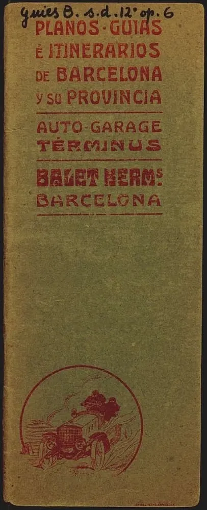 Portada dels «Planos, guías e itinerarios de Barcelona y su provincia» de l'Auto-Garage Términus, Balet Herm.s, amb un cotxe