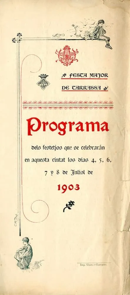 Portada del programa de la Festa Major de Terrassa dels dies 4 a 8 de juliol de 1903, en català, amb l'escut de la ciutat, una lira i lletres vermelles modernistes