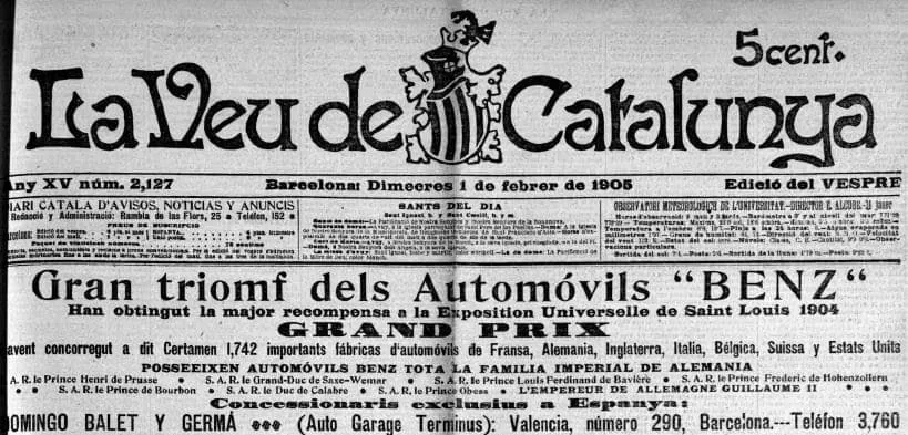 Portada de La Veu de Catalunya (1 de febrer de 1905): «Gran triomf dels automòvils Benz», Grand Prix de Saint Louis 1904