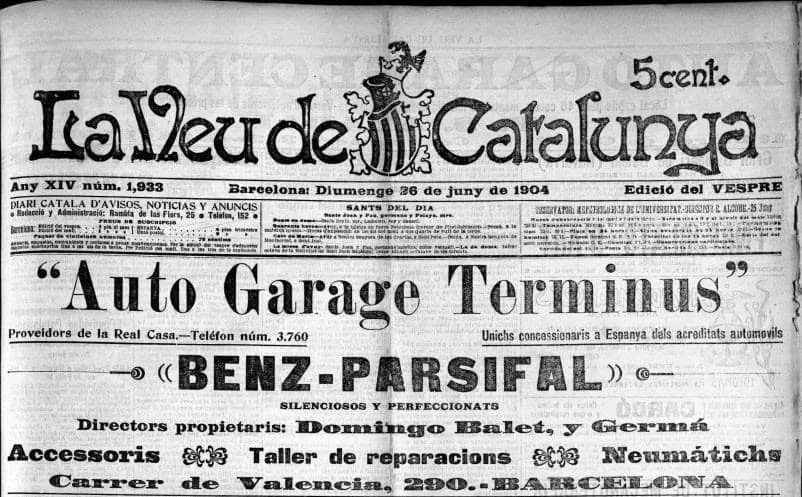 Portada de La Veu de Catalunya (juny de 1904) amb l'anunci de l'Auto Garage Terminus i els automòbils Benz-Parsifal