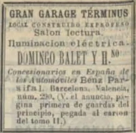 Ressenya a l'Anuario del comercio del 1904: Gran Garage Términus de Domingo Balet y H.nos, concessionaris de Benz Parsifal