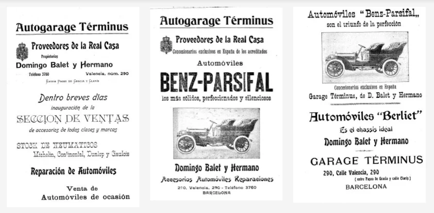 Tres anuncis de premsa de l'Autogarage Términus del 1904: secció de vendes, automòbils Benz-Parsifal i automòbils Berliet, Garage Términus, València 290