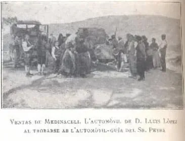 Ventas de Medinaceli: l'automòbil de D. Lluís López es troba amb l'automòbil guia del Sr. Pryda durant la cursa Barcelona-Madrid del 1906